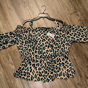 New York & Company Leopard Print Blouse with Blue Accents